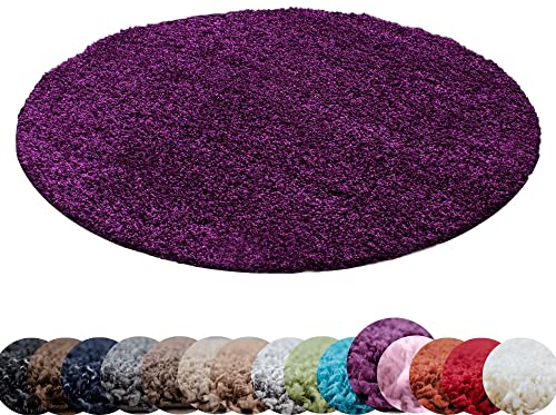 HomebyHome Teppich Rund Hochflor 120 cm Rund - Shaggy Runder Teppich Wohnzimmer Violett Extra Weich und Flauschig - Waschbarer Langflor Teppiche für Schlafzimmer, Küche, Flur - Carpet, Halı, Kilim