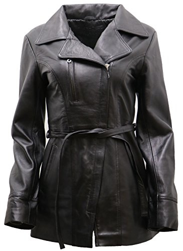 Veste Longue en Cuir Nappa en Noir Femme avec Ceinture 20