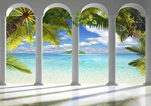 decomonkey Fototapete selbstklebend Meer Insel 294x210 cm XL Selbstklebende Tapeten Wand Fototapeten Tapete Wandtapete klebend Klebefolie Architektur Palmen Tropisch