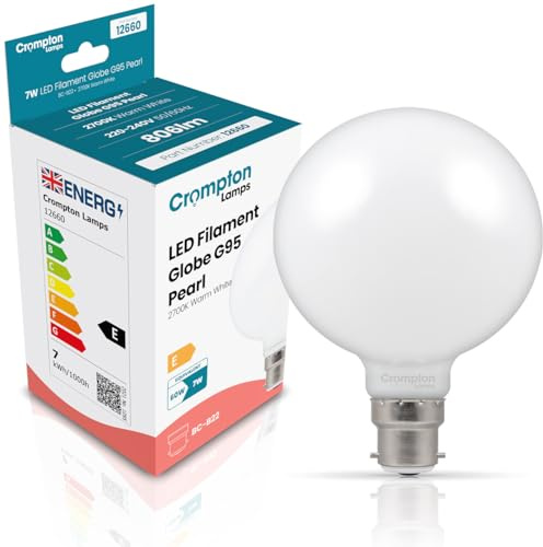 Crompton Lamps LED G95 Globe 7 W BC-B22d dimbar (60 W ekvivalent) 2 700 K varmvit opal 806 lm BC bajonett B22 stor glödlampa