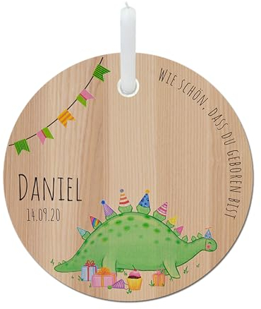 LOOXIS Personalisierter Geburtstagsteller für Kinder mit Namen Bedruckt – 20 cm Durchmesser, inkl. Kerze, Eschenholz – Geschenkidee Jungen, Mädchen, Geburt, Taufe, Kindergeburtstag – Dino