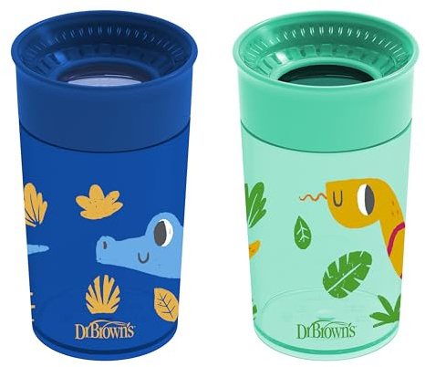 Dr. Brown's Milestones Cheers 360 Spoutless Transition Cup, Travel Friendly and Leak Free Sippy for Babies and Toddlers, Blue/Green Animals, BPA-Free, 10 oz/300 mL, 9m+, 2-Pack