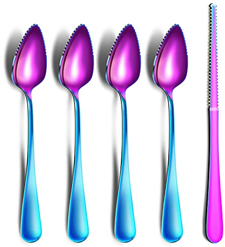 Grapefruit Spoons & Knife Set, Stainless Steel Utensils With Serrated Edge & Thick Gauge Handle, Rainbow Kitchen Tool, Non-stick Plating for Kiwi, Dessert, Apple (5 PCS)
