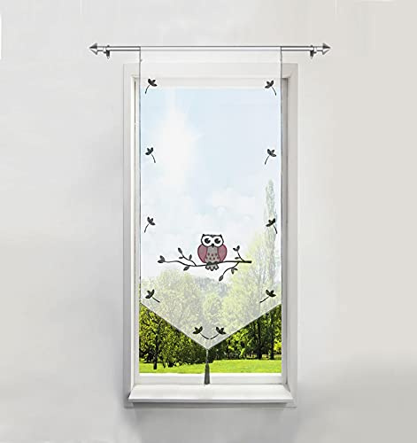 BAILEY JO 1Pièce Rideau Brise-bise LxH/60x120CM en Polyester Transparent Broderie Hibou Pourpre avec Pompon Rideaux Courts Décoration de Fenêtre