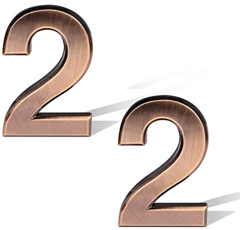 SAVITA 2 Piezas 7cm Números de Buzón de Bronce, Pegatinas Adhesivas para Números de Dirección Letrero de Números de Puerta para Casas exterior, Apartamentos Hoteles Coches (Número 2)