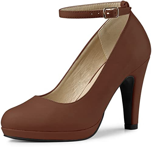 Allegra K Women's Round Toe Stiletto Heel Ankle Strap Court Shoe Dark Brown 3.5 UK/Label Size 6 US