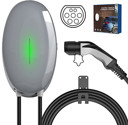 WISSENERGY EV Ladegerät Wandhalterung mit 7kW Typ 2, 32A Einphasiges Heim Ladestation Wallbox, 6m Ladekabel und typ 2 Stecker mit Lichtleiste Für EV PHEV Grau