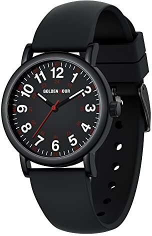 GOLDEN HOUR Waterproof Nurse Watch for Medical Professionals, Unisex - Analog Display, 24 Hour with Second Hand, Colorful Silicone Band in All Black