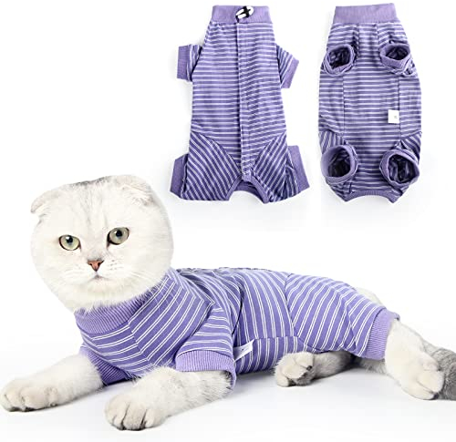 HEYWEAN Katzenbody Nach Op Kastration - Langärmeliger Body Streifen Katzenbekleidung - Halskrausen-Alternativen für Operation Anti-leckende Nach Der Operation Tragen