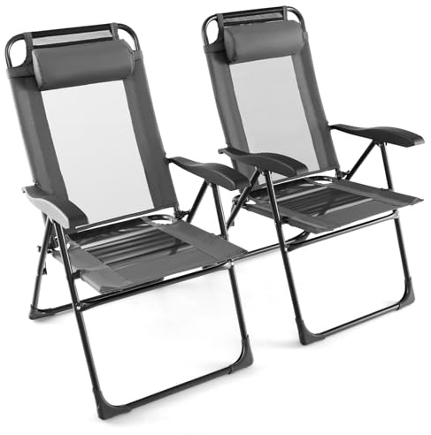 KOMFOTTEU Juego de 2 Sillas de Jardín Plegables con Respaldo Alto Ajustable en 7 Posiciones, Sillones de Exterior con Tela de Malla Ventilada, Silla Reclinable con Reposacabezas Extraíble (Gris)