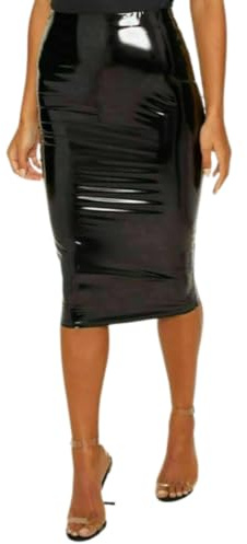 Womens PU Vinyl Bodycon Midi Skirt Ladies Night Out Party Wet Look Pencil Skirt (Black, 8-10)