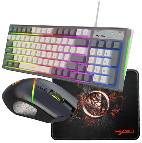 docooler Teclado y ratón con cable Combo con alfombrilla para ratón, teclado compacto de 96 teclas con luces de colores, 4 velocidades ajustables, ratón silencioso para portátil/PC
