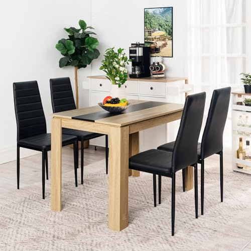FURNITABLE matbord med 4 stolar, matsalsgrupp, matgrupp med hög rygg, konstläderstol för 4 personer, sittgrupp för kök, matsal, vardagsrum (110 cm ek-svart bord + 4 svarta stolar)