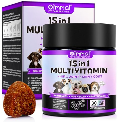 15 in 1 Dog Multivitamin Treats, zur Unterstützung der Gesundheit - Haut, Hüfte und Gelenke, Darmgesundheit, Multivitamin-Kautabletten für Hunde Aller Rassen (30 Kauartikel mit Entengeschmack)