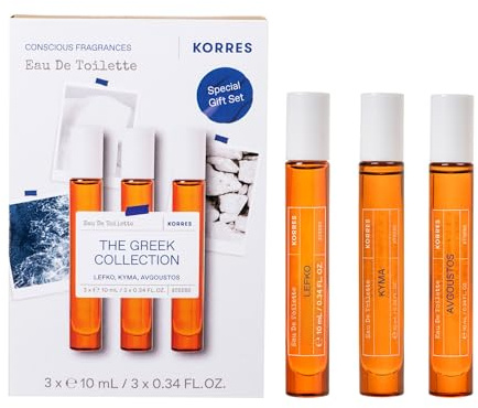 Korres greek scener Eau de Toilette reseset unisex, grekiskt roll-On doftset av Kyma, Lefko och Avgoustos, set med resestorlekar, vegan, 3 x 10 ml