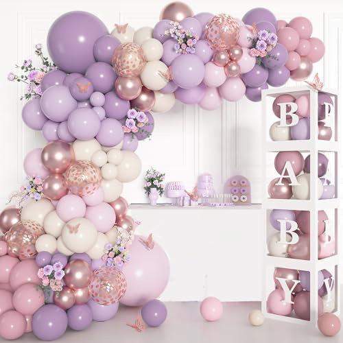 Amandir 153Pcs Purple Baby Shower Decorations for Girl, Double-stuffed Pink Purple Balloon Arch Kit Baby Boxes with Letter Foil Butterfly Balloons Sticker for Birthday Wedding Party Supplies