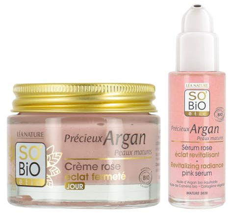 SO'BiO étic | Duo Rose Éclat Précieux Argan | Crème Fermeté Jour 50ml & Sérum Revitalisant 30ml | Hydratation, Fermeté & Éclat | Huile d’Argan Bio | Fabriqué en France