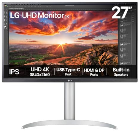 LG UltraFine 27UP83AK-W, 27 inch 4K UHD IPS Computer Monitor, FreeSync, DisplayHDR 400, Speakers, HDMI, DP, USB-C(65W PD), White