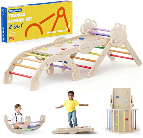 COSYLAND Set da Arrampicata per Bambini 8 in 1 – Triangolo Pikler Grande Regolabile con Scivolo, Arco e Rampa | Palestra Montessori da Interno Pieghevole 18M–6A(Multicolore)