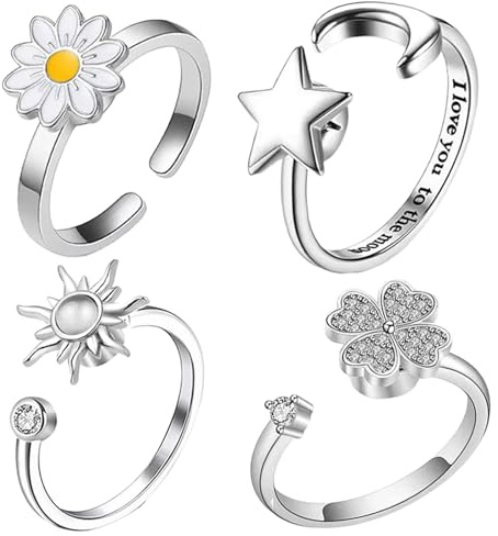 Roterande ringar för kvinnor - 6G/4 st justerbart fidgetset | Daisy Sun Moon fyrklöversmycken | Stressskyddande modetillbehör present för flickor, tonåringar och vuxna