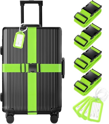 MosaiRudo Lot de 8 Sangles et étiquettes de Bagage (Vert) | (4 Sangles, 4 étiquettes), Sangles de Bagage pour valises, approuvées par la TSA