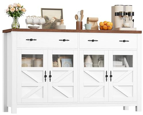 FirFurd Sideboard 140cm Breit Küchenschrank mit Arbeitsplatte Buffetschrank mit 2 Schubladen 4 Glastüren Küchenbuffet Vorratsschrank Küchenkommode für Wohnzimmer Küche 140x40x90 cm weiß