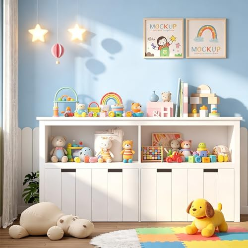 Panana Kids Toy Storage Organizer Bookshelf with 4 Mobile Drawers | White Wooden Childrens Bookcase with 2 Open Shelves for Playroom,Bedroom,Nursery,Living Room,L120*D33.3*H62cm
