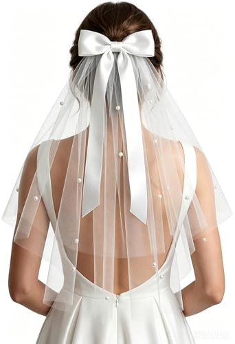 DYSWTUE Bride Veil, Short White 23 Inch Bridal Hair Veil with Pearl and Bow, Tulle Comb Hold, for Wedding, Bridal Shower, Hen Night, Bachelorette Party Decoration, Engagement Gifts
