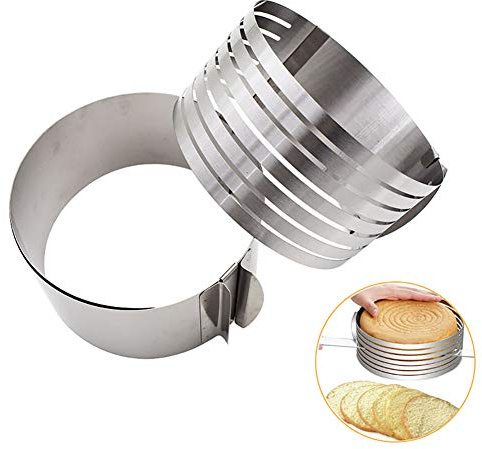 Cryfokt Tårtring i Rostfritt Stål, Justerbar 16-20 Cm i Diameter Teleskopisk Tårtskärare Indragbar Tårtskärare med Skiktade Avståndsmarkörer för Mousse Efterrätter Bakverk Skivning Bakning (Som visas)