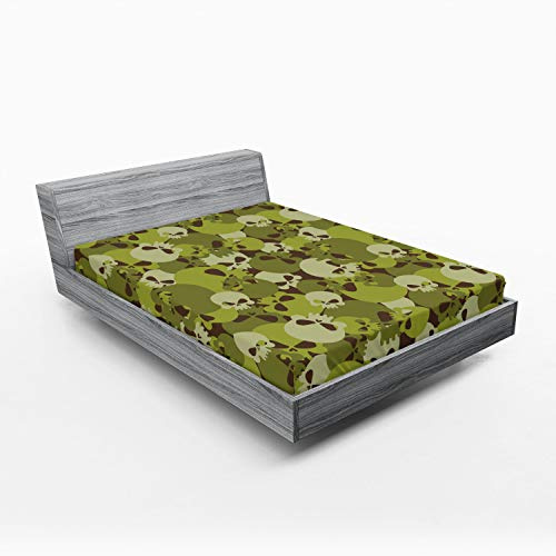 Ambesonne Camo Fitted Sheet, Composition of Skulls Scary Head Skeletons Graphic Grunge Illustration, Bed Cover with All-Round Elastic Deep Pocket for Comfort, Queen Size, Green Pale Green Beige