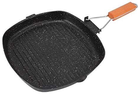 Hapivida Antihaft-Beschichtung Bratpfanne, Streifen Steakpfanne mit Klappbarem Holzgriff, Eckpfanne Grillpfanne für Fleisch, Huhn, Fisch (28x28cm)