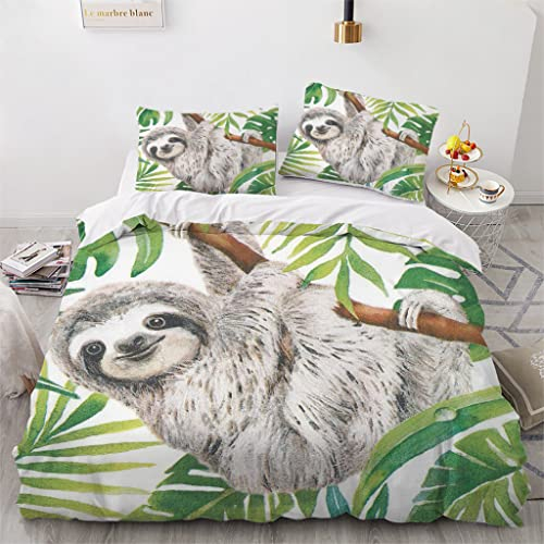 WQIZXCW Bettwäsche Faultier 140x200 2er Set, Tropische Blätter Bettwäsche-Sets, Weiche Mikrofaser Bettbezug Set mit Reißverschluss und 1 Kopfkissenbezug 70x90, Angenehm & Atmungsaktiv