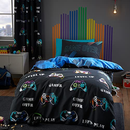 Catherine Lansfield Bedding Game Over Single Duvet Cover Set with Pillowcases Black
