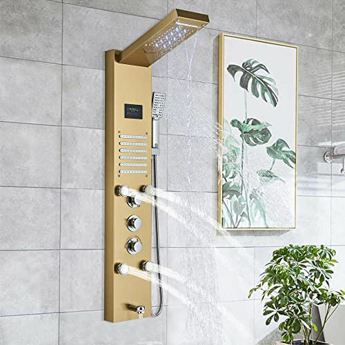 NEWCES Pannello Doccia a LED in Oro Spazzolato Pannello Doccia a Torre Massaggio Body Jets Sistema Rain&Waterfall Mixer Doccetta