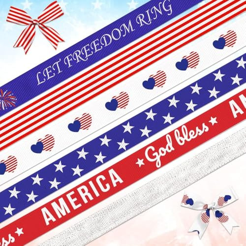 6 PCS 4th of July Patriotic Ribbons, 3/8 Width Grosgrain Ribbons American Stripes Stars Ribbon Memorial Day Decoration Craft Ribbons for Gift Wrapping Supplies