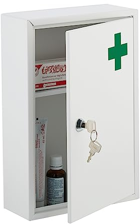 Relaxdays Medizinschrank, abschließbar, 2 Fächer, HxBxT: 32 x 21,5 x 8 cm, für Medikamente, Arzneischrank hängend, weiß