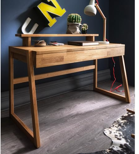 Lomadox Massivholz Schreibtisch mit Aufsatz Arbeitstisch Bürotisch Eiche 1 Auszug mit Unterteilung Softclose 126x94,5x55 cm