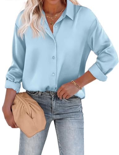 Chigant Women's Blouse Satin Silk Shirts Button Down Shirts Casual Loose Long Sleeve Office Work Tunic Tops, Light Blue, L
