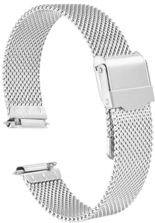 QUARKZMAN Uhrenarmband Mesh Edelstahl 15 mm Ersatz Metall Armband Edelstahlarmband mit Schnellverschluss Uhrenarmbänder Ersatzband Verstellbarer Gütelschnalle für Damen Herren, Silber
