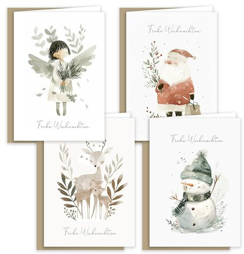 12 Weihnachtskarten Klappkarten Karten mit Umschlägen Zarte Weihnachtszeit Karte Umschlag Frohe Weihnachten Merry Christmas xmas Weihnachtskarte Weihnachtsengel Schneemann Rentier Weihnachtsmann