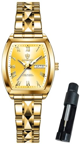 BINBOND Fyrkantig damklocka mode lyxig elegant klänning rostfritt stål damer armbandsur för kvinna dag datum vattentät lysande