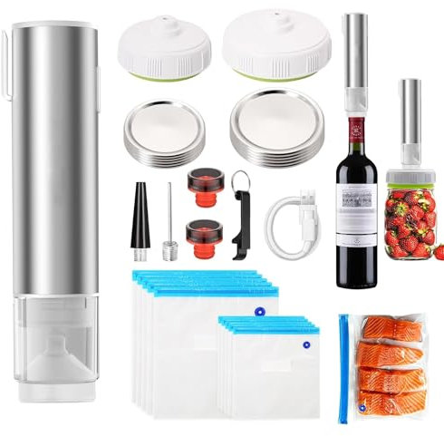 Petite machine à emballer sous vide, avec 10 sacs de mise sous vide et 2 bouchons à vin, rechargeable et portable, pour la conservation des aliments, pompe à vide pour sacs sous vide