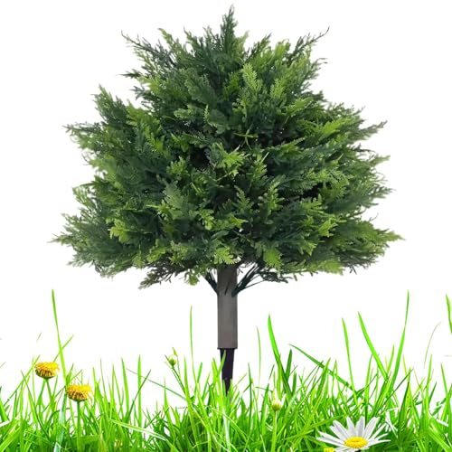 Artificial Cedar Topiary, Indoor Cypress Plants, 17.72in Realistic Evergreen Tree, Weatherproof Authentic Design, Included Ground Spike for Patio, Garden, Entryway, Walkway Decor