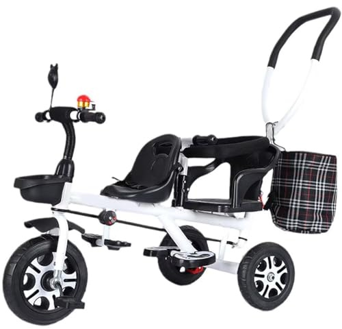 Triciclo tándem de dos asientos, triciclo con ruedas de titanio, cochecito de empuje con barra de empuje, asiento trasero con cinturón y apoyabrazos, frenos de pie en las ruedas traseras