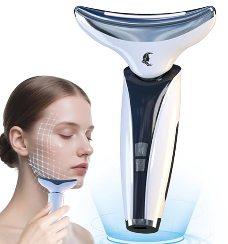 Calason Dispositivo di Bellezza Antirughe, EMS Lifting Riscaldante 45°C, Massaggiatore Viso e Collo a 4 Modalità con Luce LED Multicolore, Rassodante per Doppio Mento