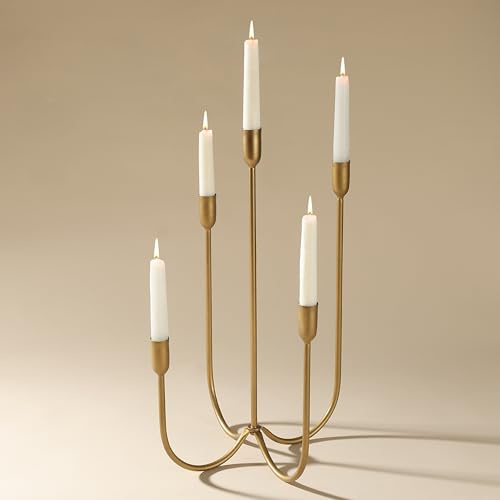 Perfnique 5-Candle Iron Candelabra, 17 Inch Antique Brass Gold Candle Holder, Hand-Forged Cast Gold Candle Holder for Wedding, Event, Christmas & Dining, Table Centerpiece Décor