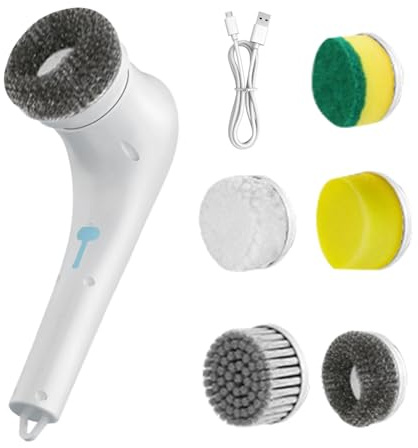 gjzje Electric Grill Cleaning Brush | Cordless Rechargeable Grill Cleaner Tool | Removable Waterproof Scrubber with 5 Replacement Heads for Bathroom Grout Stove Furniture Kitchen Carpet RV