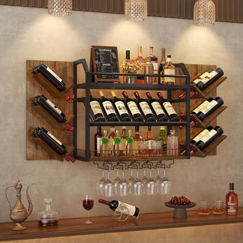 Hoctieon Wall Mounted Wine Rack, 3 Tier Hanging Wine Racks with Glass Holder, Large Capacity Bar Shelves, Metal Wood Bottle Display Storage for Kitchen, Home Bar, Dining Room, Rustic Brown