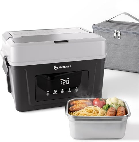 AMZCHEF Scaldavivande elettrico portatile con batteria da 18000 mAh 1,5 L– Riscaldamento 5 lati, timer e funzione mantieni caldo, ricarica rapida USB-C per ufficio, auto e cantieri