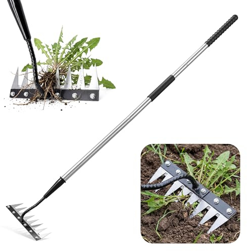 YALEENT Iron Weeding Rake with Long Handle - Upgraded 8 Teeth Weed Puller Tool, Heavy Duty Manual Weeder Remover Tool for Weeding, Cultivating & Soil Aeration